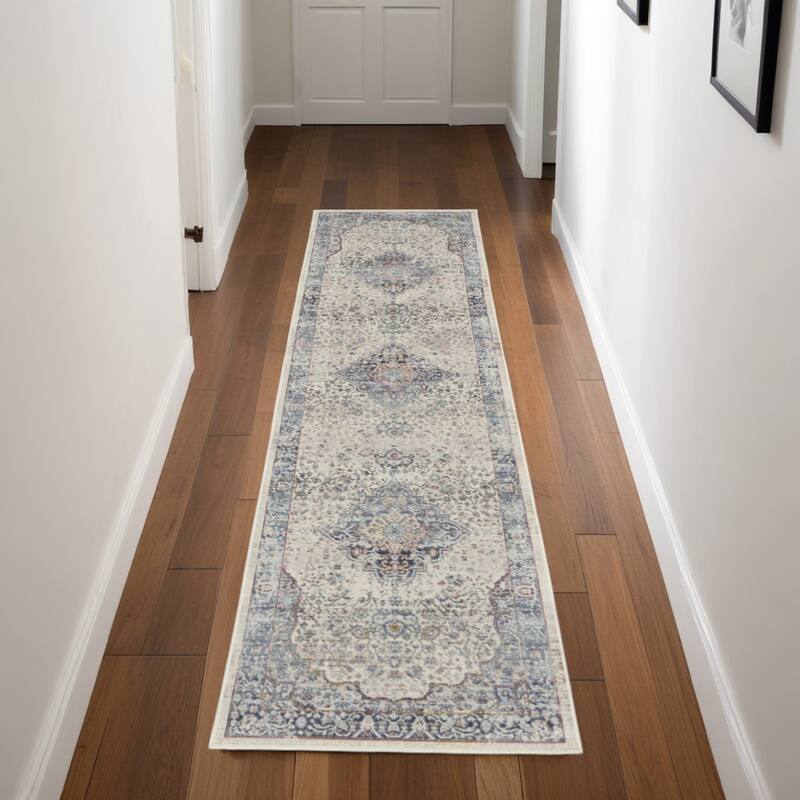 HomeRootsFloral Transitional Runner Area Rug - 96' X '28' X '0.5 - 96' X '28' X '0.5 - Blue/Orange/Ivory