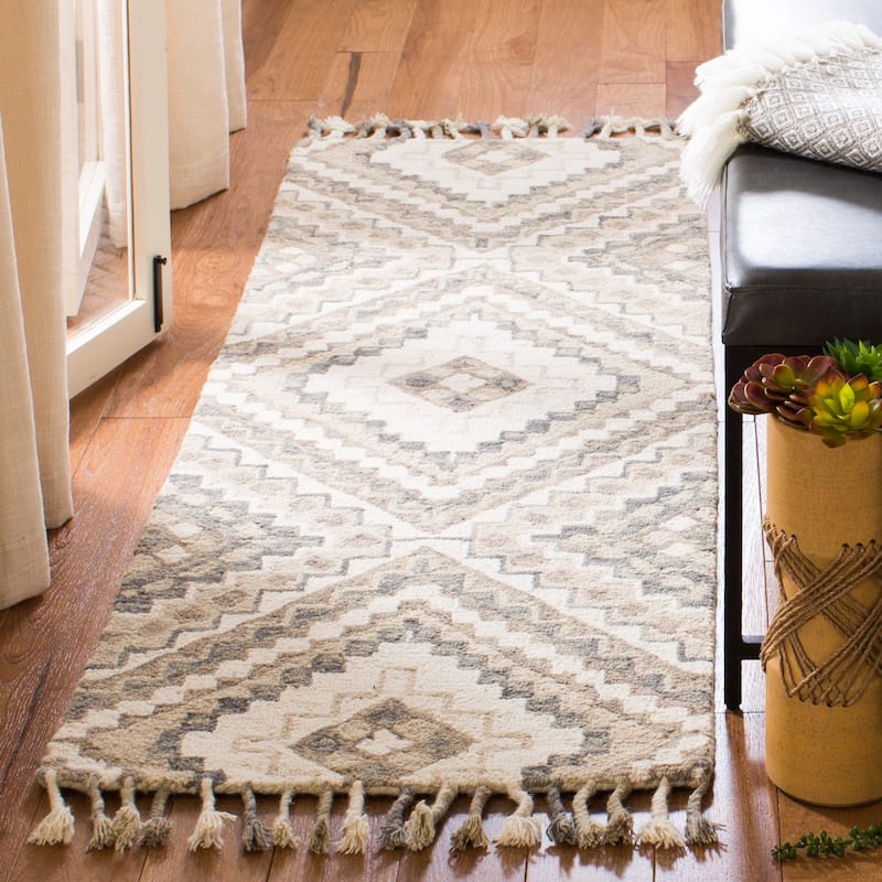 SAFAVIEH Handmade Aspen Ksenia Moroccan Boho Wool Tassel Rug - 2'3" x 11'7" Runner - Taupe/Ivory
