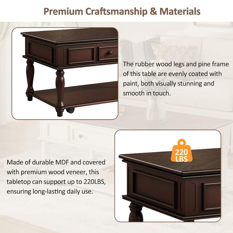 Farmhouse Coffee Table with One Drawer,Solid Wood Legs and Lockable Wheels
