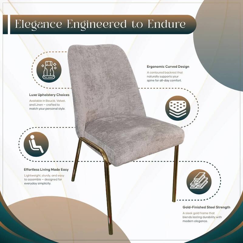 Lumen Modern Upholstered Kitchen Dining Chair with Gold Steel Legs Ergonomic Accent Chair