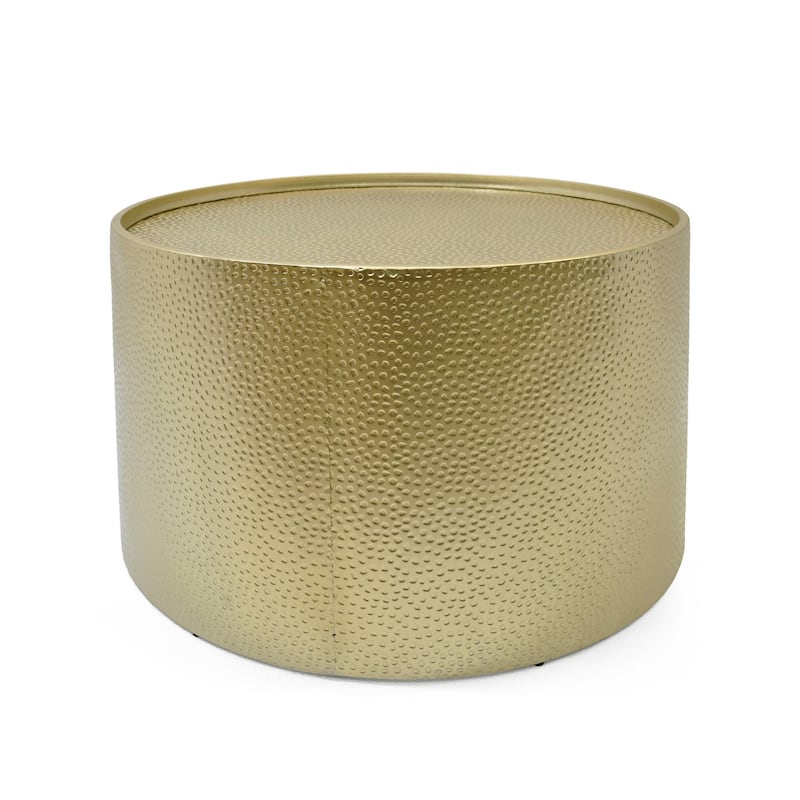 Bet Coffee Table, 26 Inch Round Hammered Look, Modern Gold Iron Metal