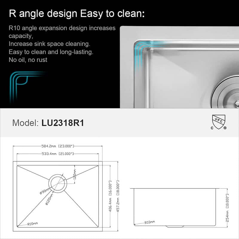 23 inch Undermount Deep Single Bowl 16 Gauge Stainless Steel Sink