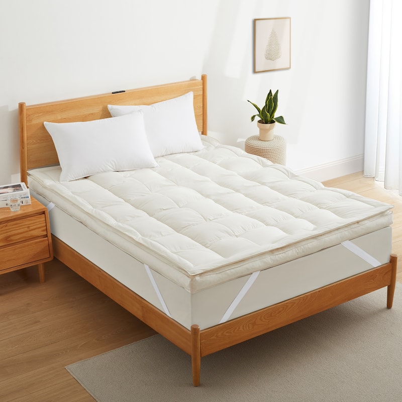 White Goose Feather Bed Fitted Mattress Topper with 100% Organic Cotton Cover - King - Down Feather -2 Inch (Soft Support)