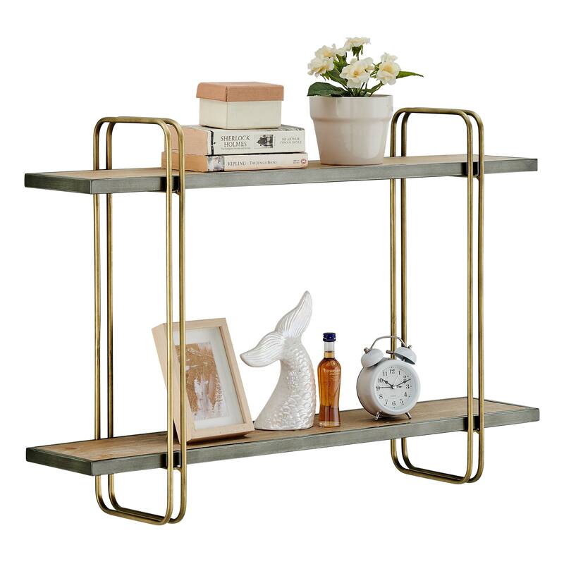 Danya B. Two-Tier Warm Gold and Washed Oak Brown Metal Hanging Bracket Wall Mounted Shelf