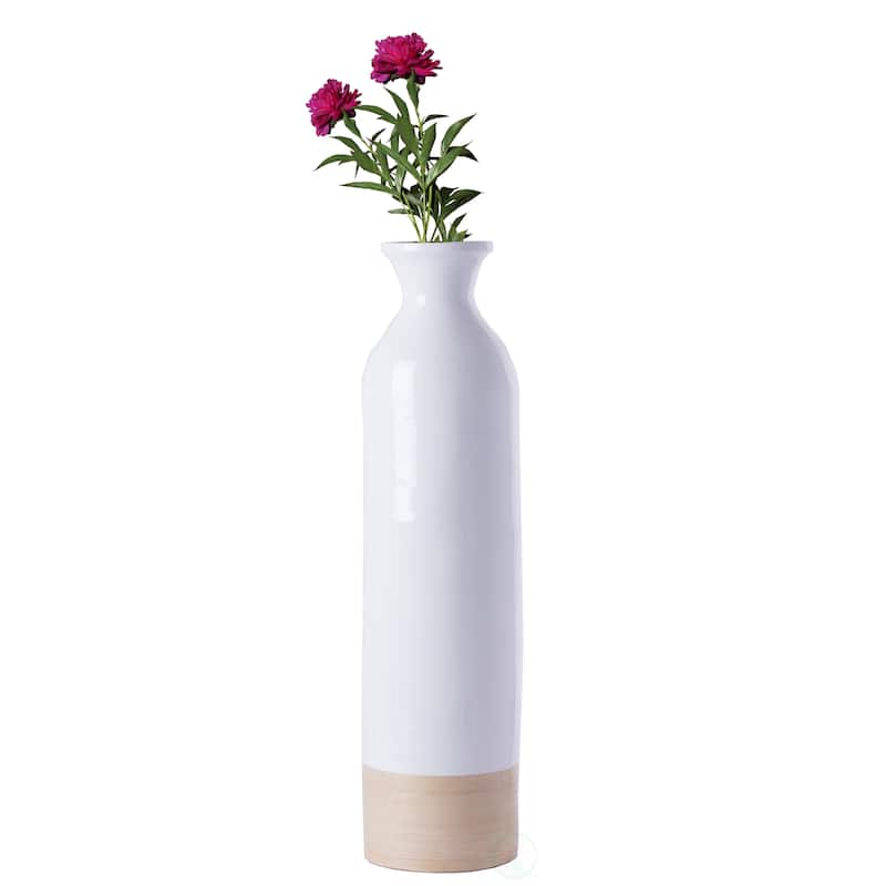 Elegant Black or White Cylinder Shaped Tall Spun Bamboo Floor Vases, Natural Bamboo Finish Heights of 31 and 23.5 Inches - Small White