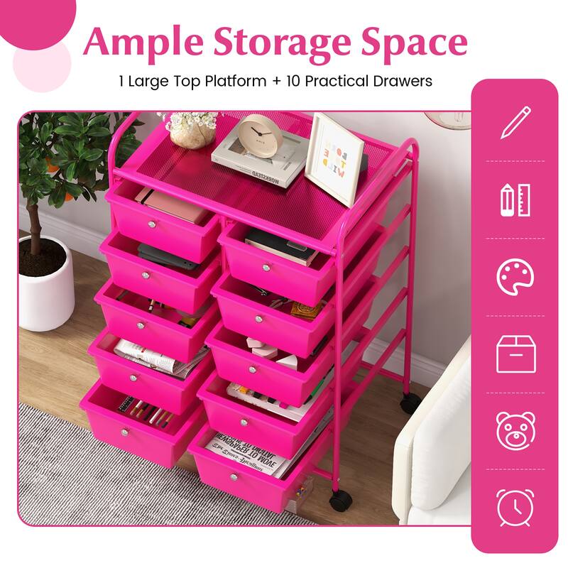 Gymax 10-Drawer Storage Cart Utility Rolling Trolley Kitchen Organizer