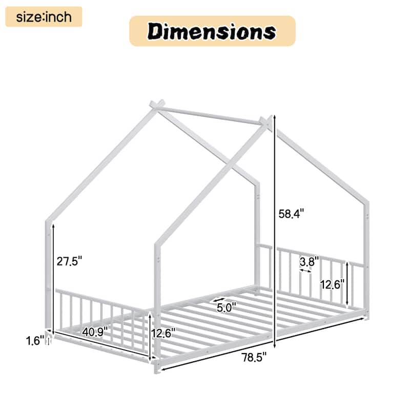 House-shaped Bed Frame, Toddler Kid Iron Floor Bed with House Roof Frame and LED Light Strips, House Daybed