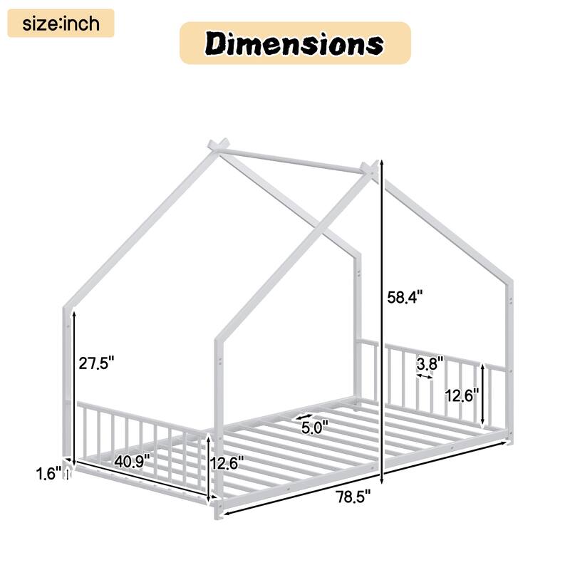 Twin/Full Size Kids Roof-Shaped Metal Bed Frame with Colorful LED Lights, Low Profile Design, 350 lb Capacity