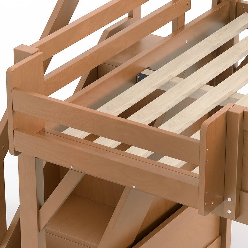 Full/Twin Loft Bed with Built-in Wardrobe, Storage & Stairs - Solid Wood, Full-Length Guardrails, No Box Spring