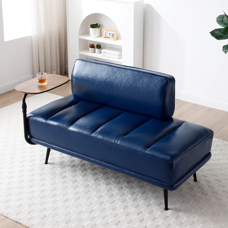 55 Inch Wide PU Sofa Bench with 360-degree Swivel Side Table and Metal Legs - Blue