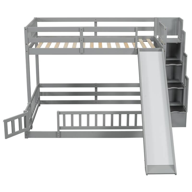 Twin Over Full Bunk Bed with Storage Staircase, Slide and Guardrails Toddler Floor Bed with Fence and Door, Floor Bunk Bed Frame