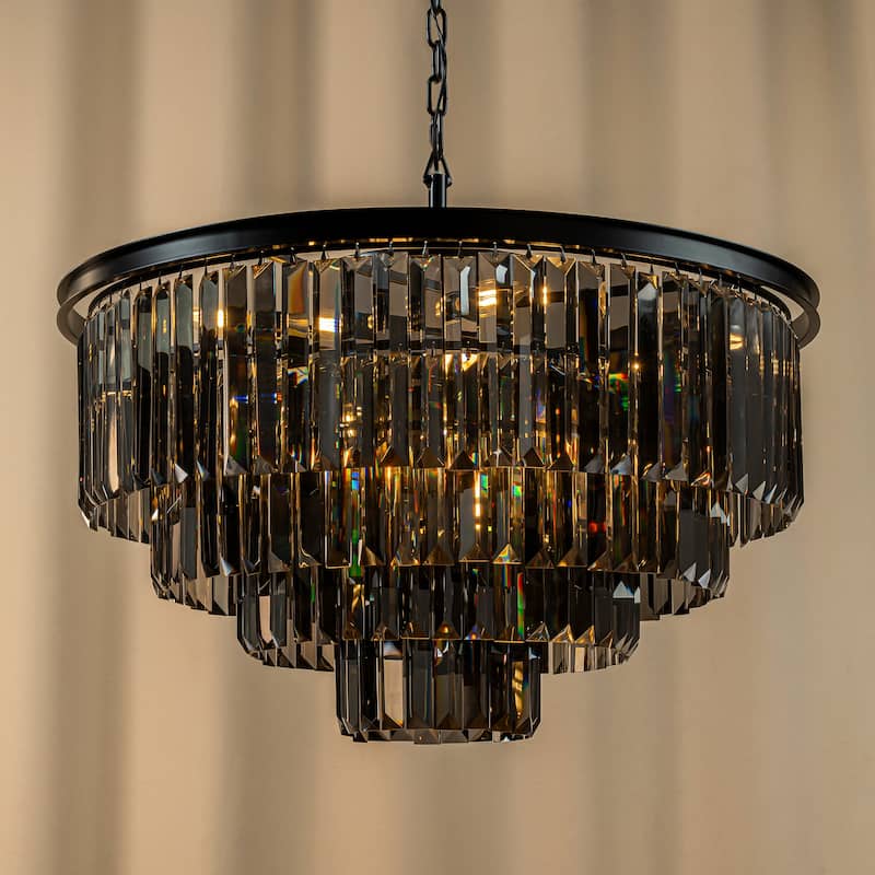 8-Lights Mid-Century Modern 4-Tier Round Fringe Crystal Chandelier - W31.5"