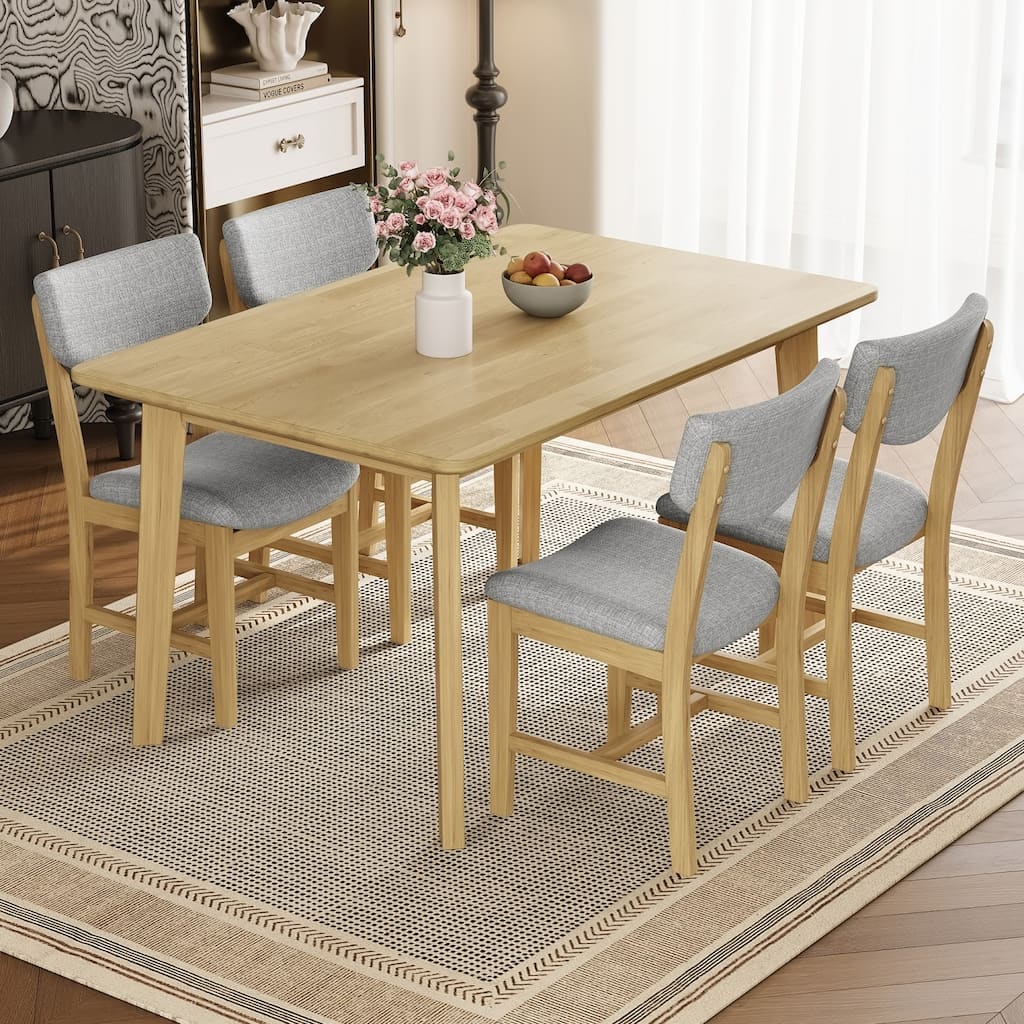 5-Piece Dining Set, Rustic Wood Table and 4 Upholstered Chairs