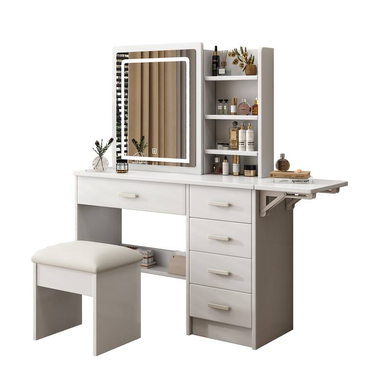 Vanity Desk with Mirror and Lights for Makeup, open shelves and Chair