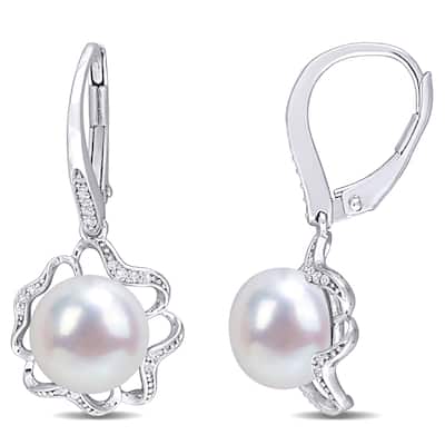 Miadora Sterling Silver Cultured FW Pearl & 1/10ct TDW Diamond Floral Drop Earrings (9 - 9.5mm) - 30 mm x 14 mm x 12 mm