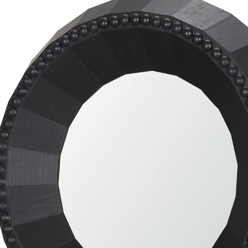 HomeRoots 30" Black Solid Wood Faceted And Beaded Round Framed Accent Mirror - 29.92 in. x 29.92 in. x 3.86 in.