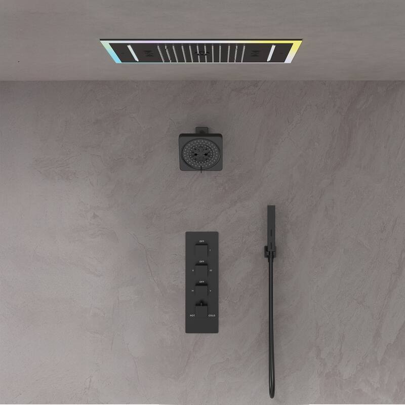 GRANDJOY Thermostatic LED Rain and Waterfall Shower System with Handheld, Ceiling-Mount Modern Design