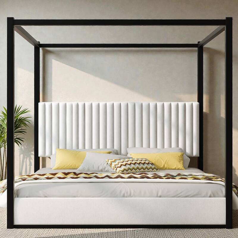 Upholstered Canopy Platform Bed with Headboard, Metal Frame Queen King Bed, No Box Spring Needed