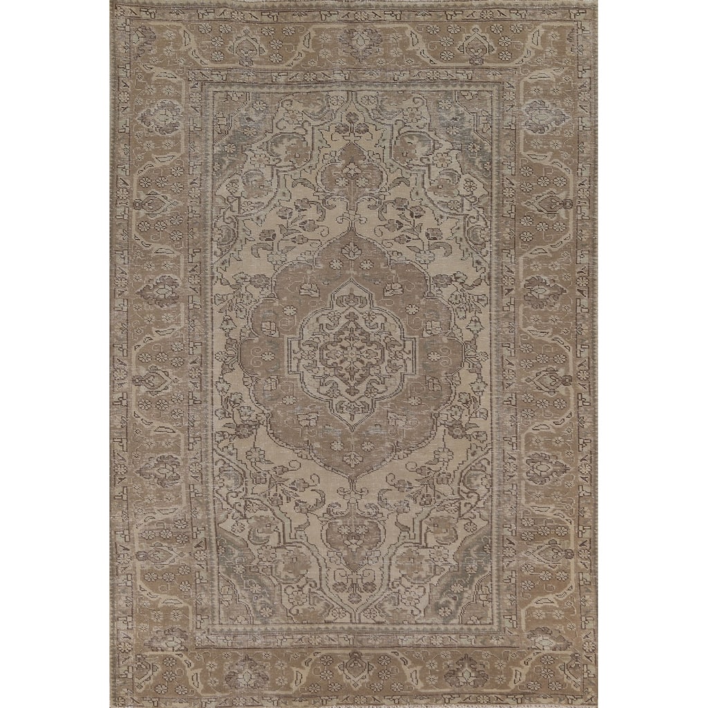 Distressed Tabriz Persian Vintage Rug Hand-Knotted Wool Carpet - 6'4"x 9'4"