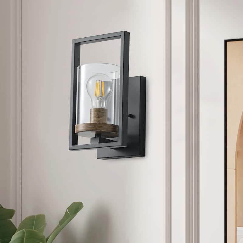 Industrial Matte Black Metal Frame Wall lamp with Cylinder Glass Shade