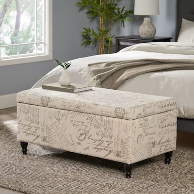 Roomfitters Script Print Storage Bench with Hinged Lid and Turned Legs, Entryway or Bedroom Ottoman, Beige