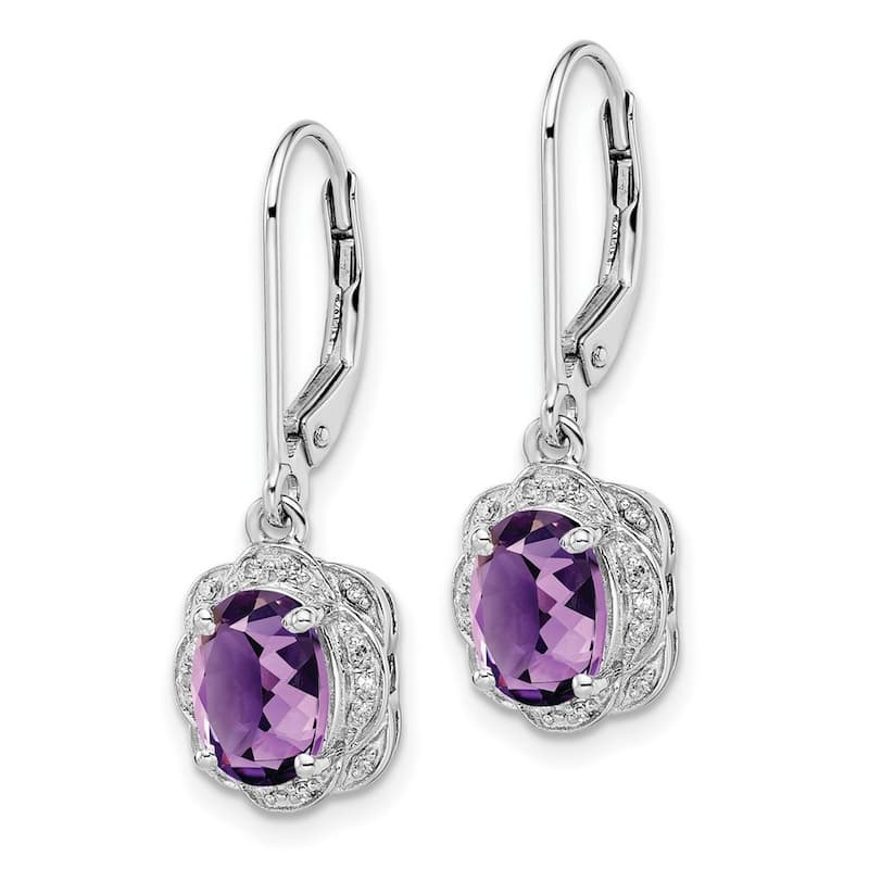 Curata 925 Sterling Silver Dangle Polished Open back Leverback Diamond Amethyst Earrings - 28x9mm Wide