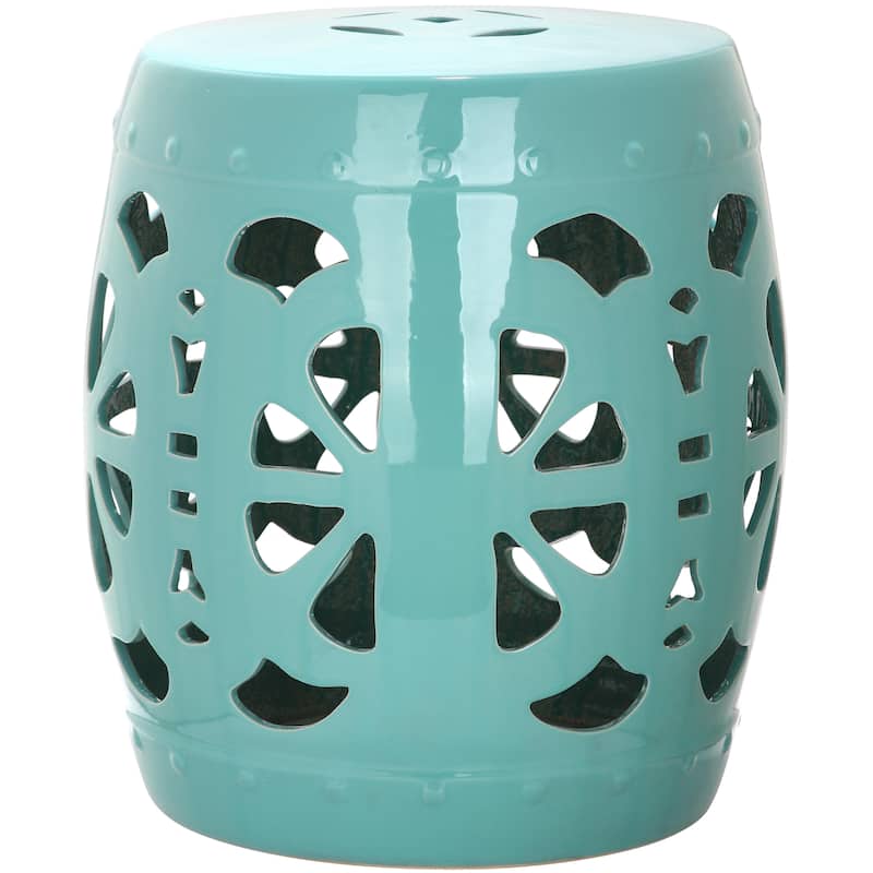 SAFAVIEH Rivkah Stencil Antique White Blossom Ceramic Decorative Garden Stool - Light Blue