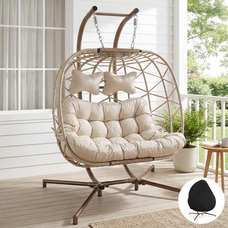 Oversized Outdoor Double Hanging Egg Chair with Cushions, 700 lbs Capacity Swing Chair for Indoor or Patio