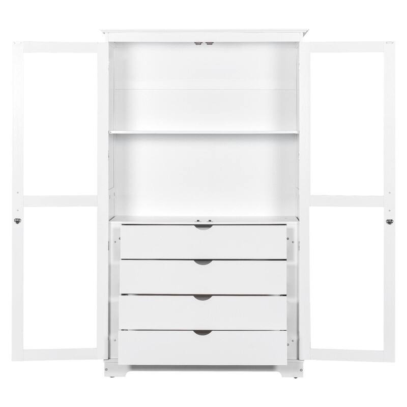 75" Tall Pine Wood Kitchen Pantry Cabinet with Glass Doors Four Drawers and Anti-Tipping Safety Features - White