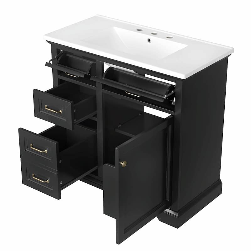 36-Inch Bathroom Vanity with Ceramic Sink Top - 4 Drawers and 1 Soft-Close Door