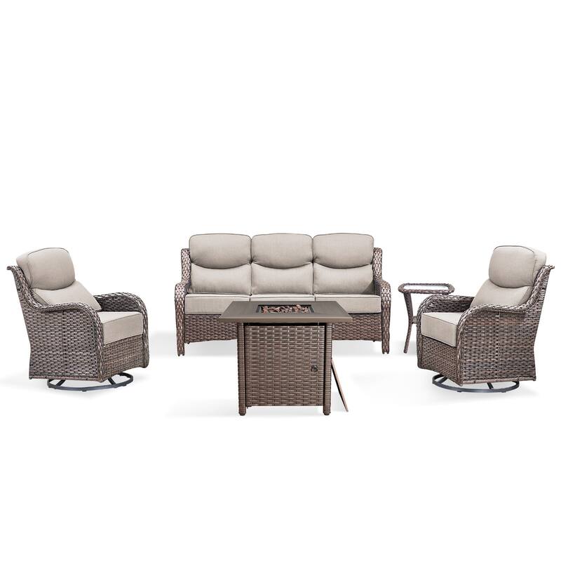 Pocassy 5 Pieces Outdoor 6" Sofa Swivel Chair with Fire Pit Table