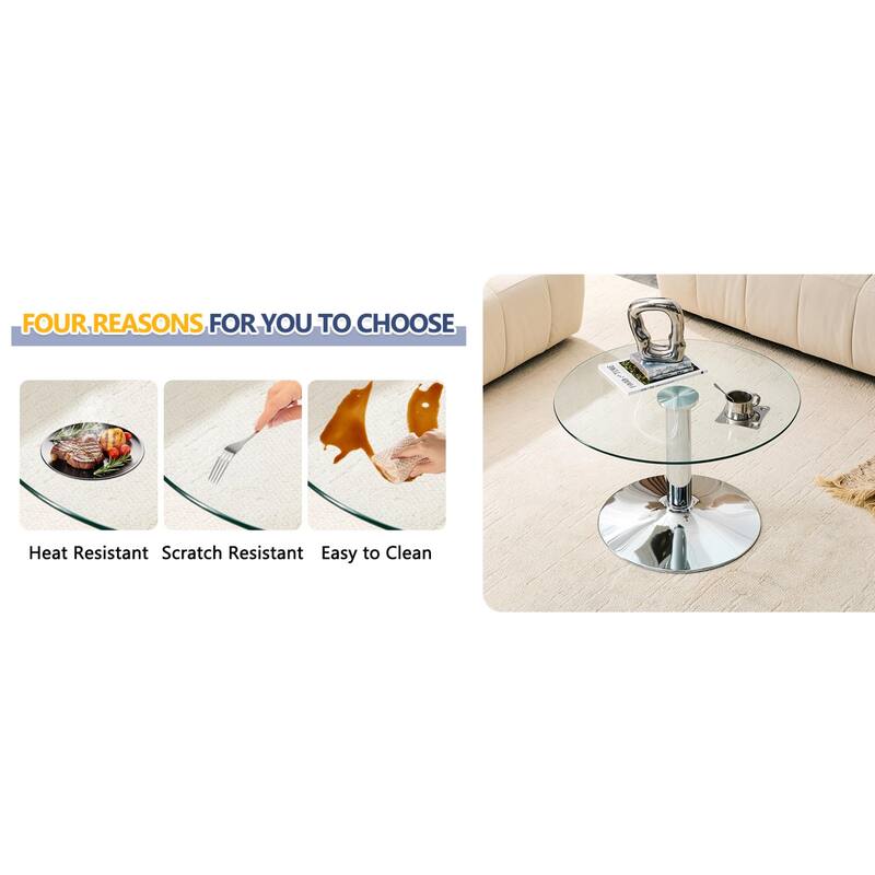 Roomfitters 27.5-Inch Round Tempered Glass Coffee Table, Metal Base, Circular Center Table, Modern Minimalist