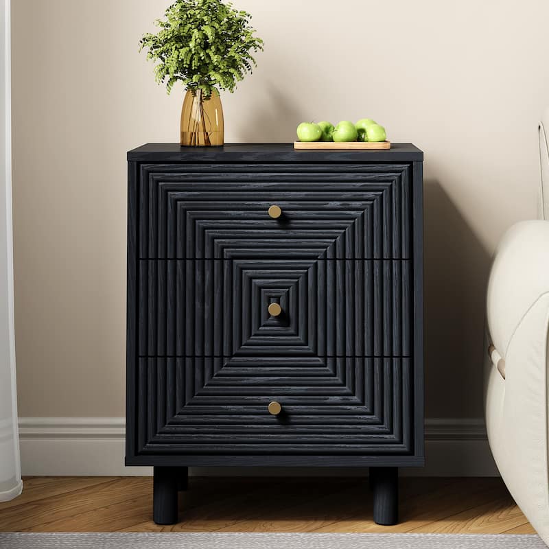 Black 3-Drawer Nightstand with Solid Wood Legs