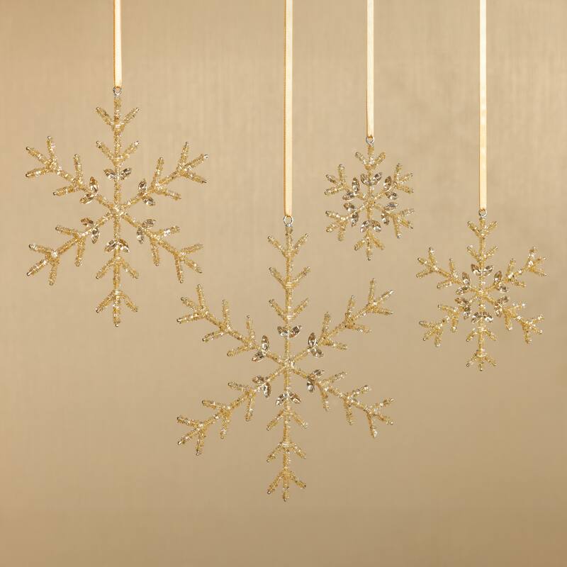 Golden Beaded Snowflake Christmas Hanging Ornaments, Set of 12, 8"