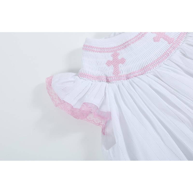 Lil Cactus White and Pink Cross Smocked Bishop Dress