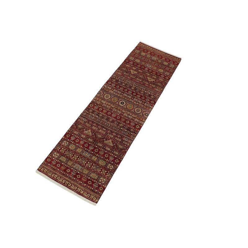Transitional Khurgeen Delia Red/Green Hand-knotted Wool Rug - 2'8 x 9'4 - 2'7'' x 9'4''
