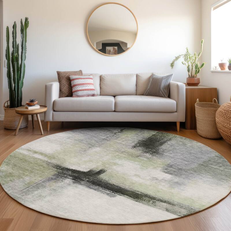 Machine Washable Indoor/ Outdoor Contemporary Abstract Chantille Rug - Sage - 8' x 8'