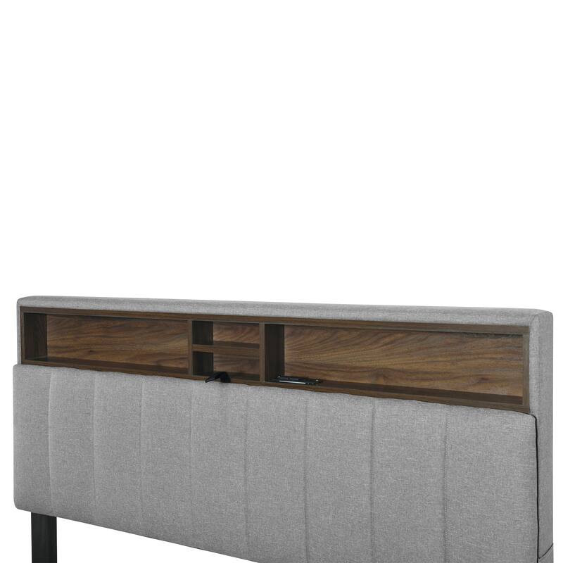 Linen Upholstered Platform Bed with Openable Storage Backrest, Wood Low Profile Bed with Trundle, 2 Drawers, Sockets, USB Ports