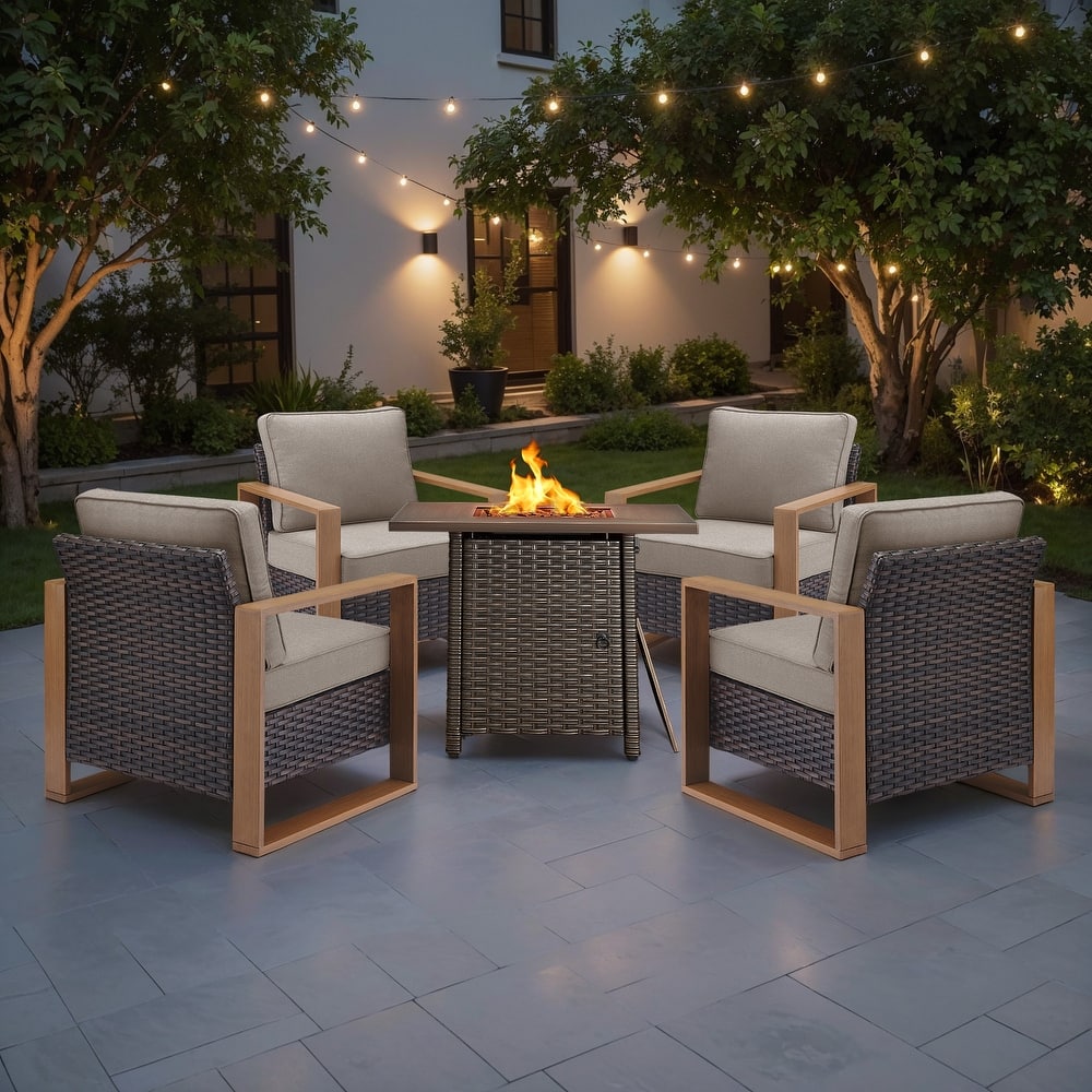 Meyreso 5-Piece Wicker Patio Conversation Set with Fire Pit & Plush 4.5" Olefin Cushions