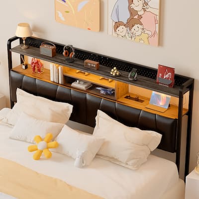 Upholstered Headboard with Pegboard and Charging Station, Storage Headboard Shelves and LED Light