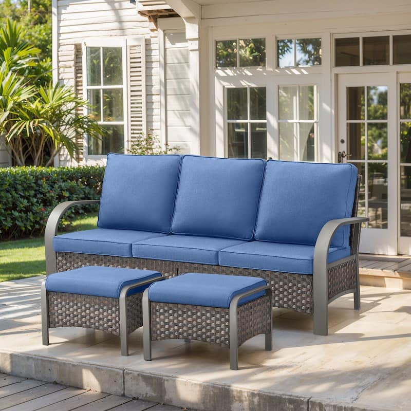 Pocassy Outdoor Sofa PE Wicker Furniture Set - Blue Cushion - 3PCS Sofa with Ottoman