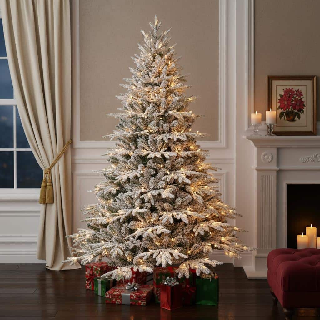 HomeRoots 7.5' White Pre Lit Full Flocked Fir Christmas Tree - 67.00 in. x 90.00 in. x 67.00 in.