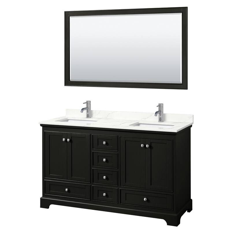 Deborah 60-inch Double Vanity, Quartz Top, 58-inch Mirror - Dark Espresso, Chrome Trim, Giotto Quartz Top