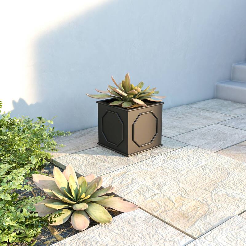 Sprout Modern Fiberstone Square Planter Pot with Drainage Holes for Home Garden Yard Patio Porch Office- No Assembly Required