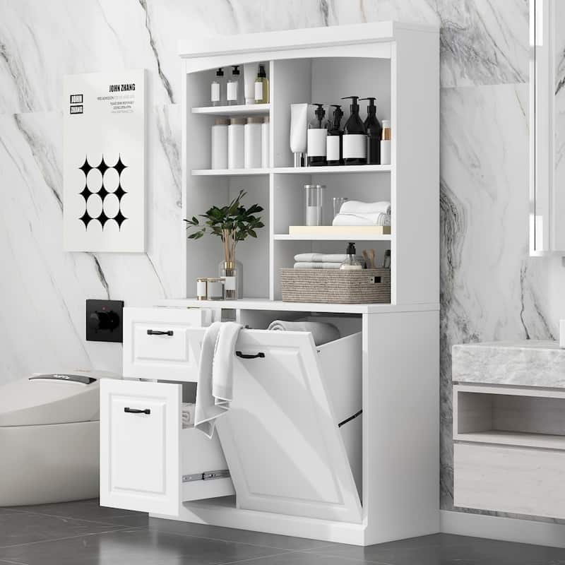 70.9'' Tall Free Standing Organizer, Tilt-Out Hamper Drawers Shelves - White