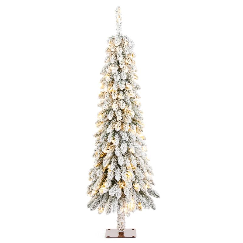 Glitzhome 4.5ft/6ft/7.5ft Pre-Lit Flocked Artificial Snowy Downswept Christmas Tree with Foot Pedal Control LED Lights