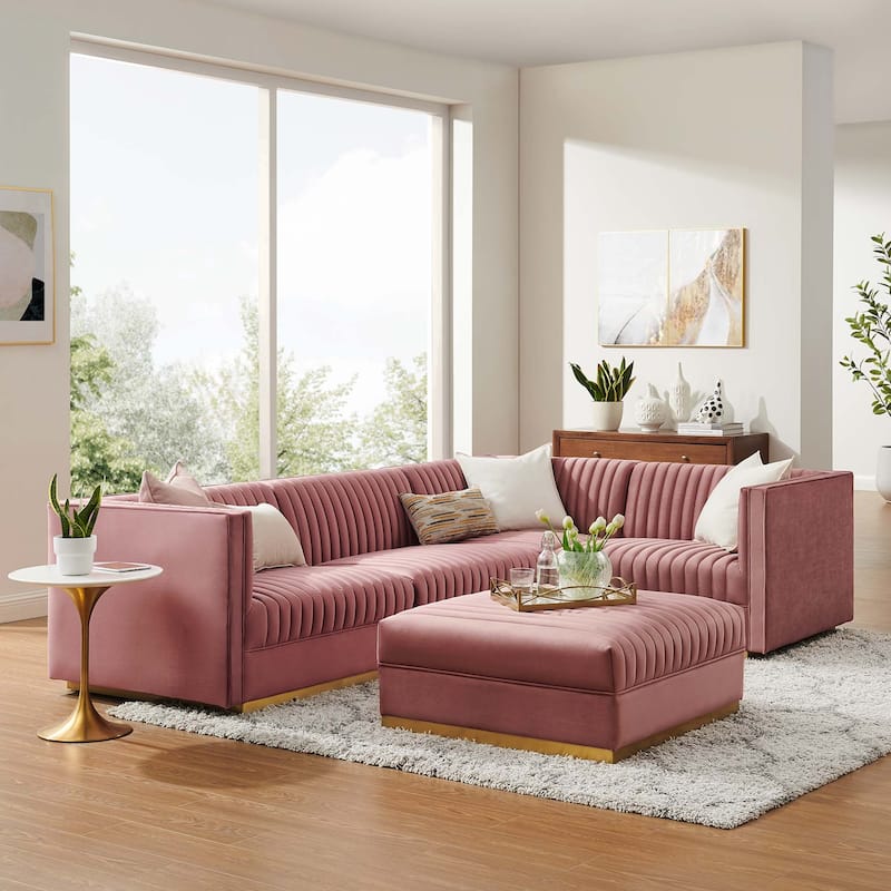 Sanguine Channel Tufted Performance Velvet 5-Piece Right-Facing Modular Sectional Sofa - Dusty Rose