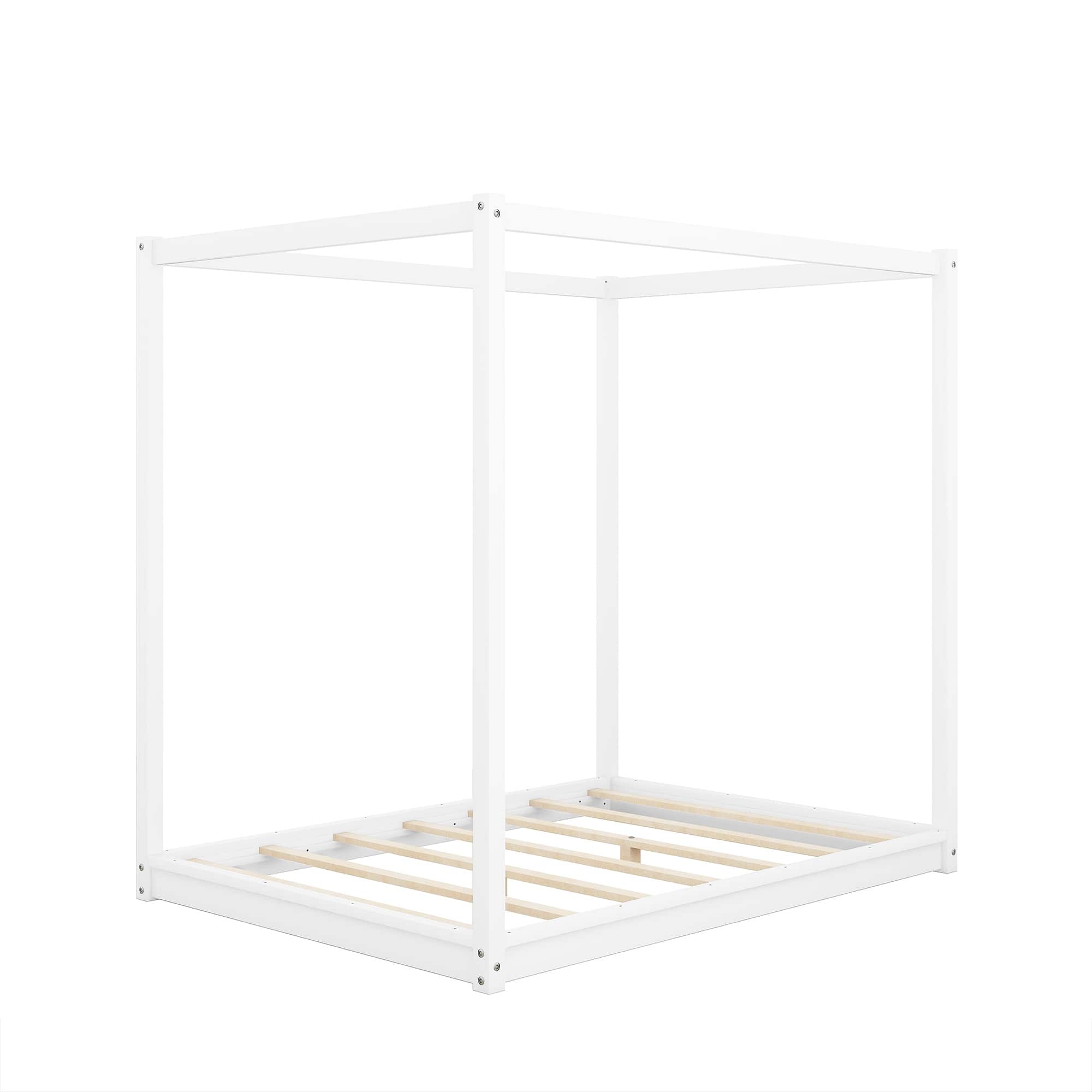 Full Size Modern Floor Wood Canopy Bed Low Profile Platform Bed for