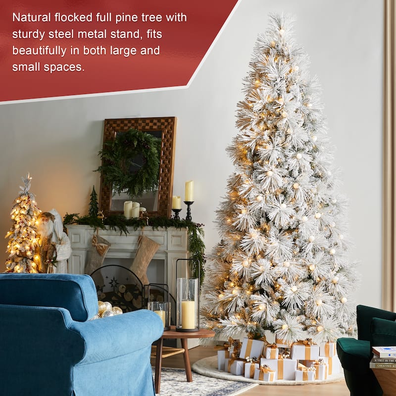Glitzhome 7.5FT/9FT Pre-Lit Flocked Snowy Full Pine Artificial Christmas Tree with Warm White Globe Lights & Foot Switch