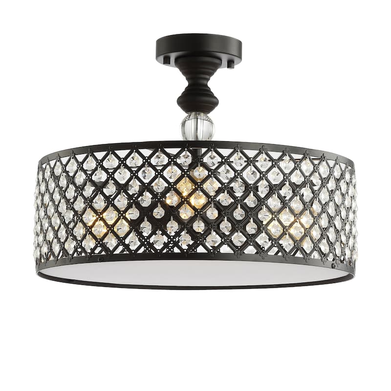 Ilsa 17" 3-Light Crystal/Metal Drum Semi-Flush Mount, Black by JONATHAN Y